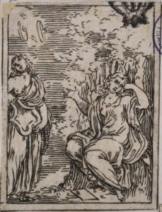 Poesia e la Pittura si disperano per la morte di Agostino Carracci (da I funerali d'Agostino Carracci fatto in Bologna sua patria da gl'incamminati Accademici, Bologna, Benacci, 1603)